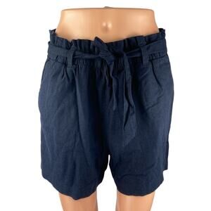 JDY Navy Blue Linen Tie Belt Elastic Waist High Rise Casual Paperbag Shorts 42
